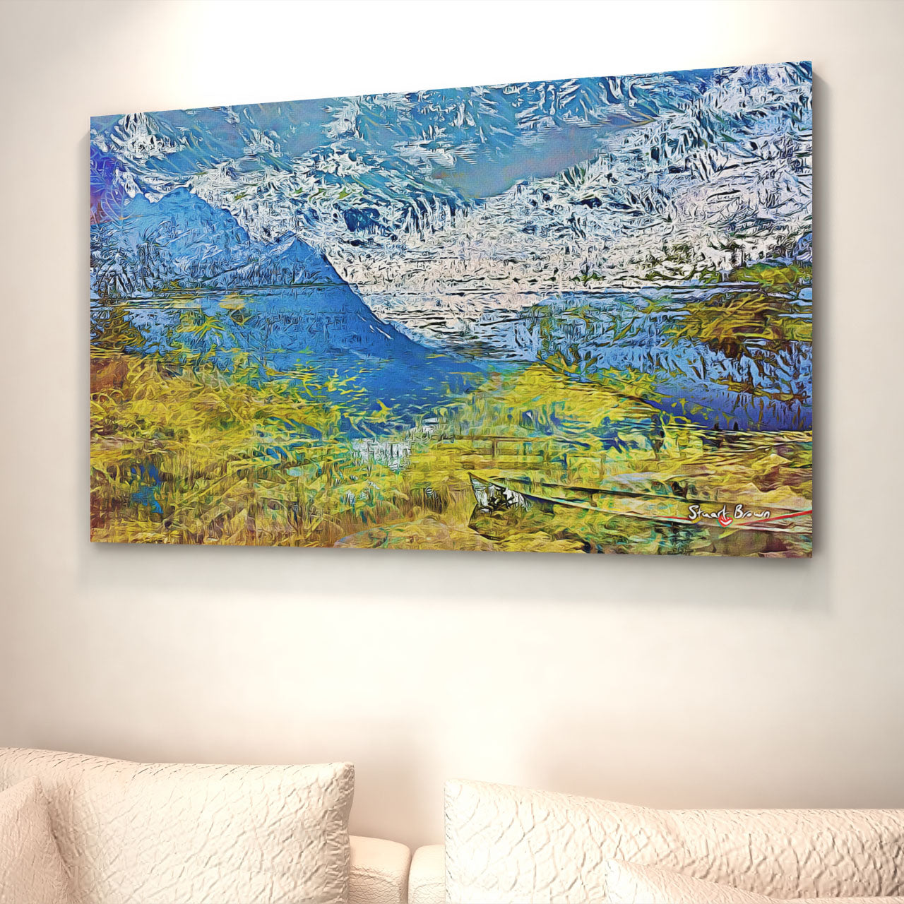 water boat and mountains wall art