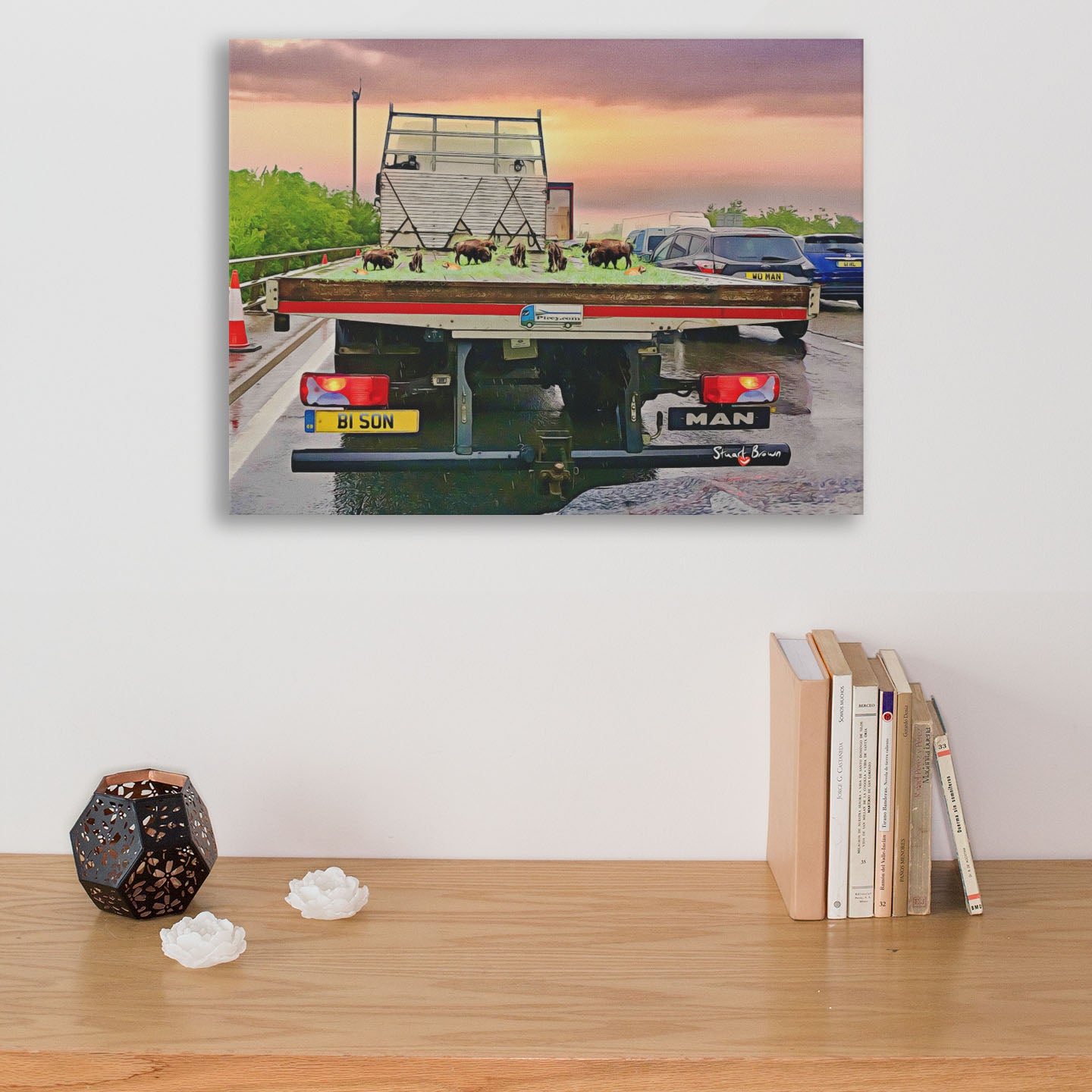 bison in a traffic jam wall art print