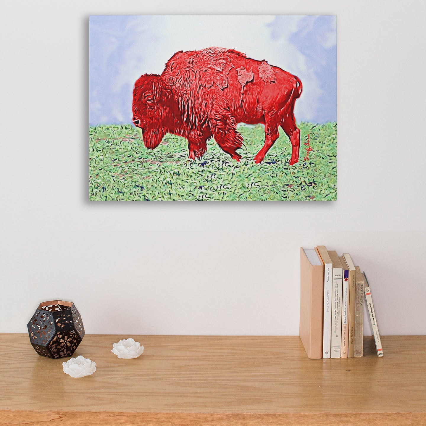 bison art bright red bison canvas print