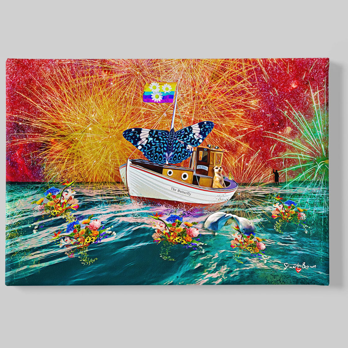 butterfly sailing in a sea of flowers and dolphins wall art print