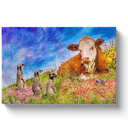 cow meerkats and a hedgehog on a spring hilltop