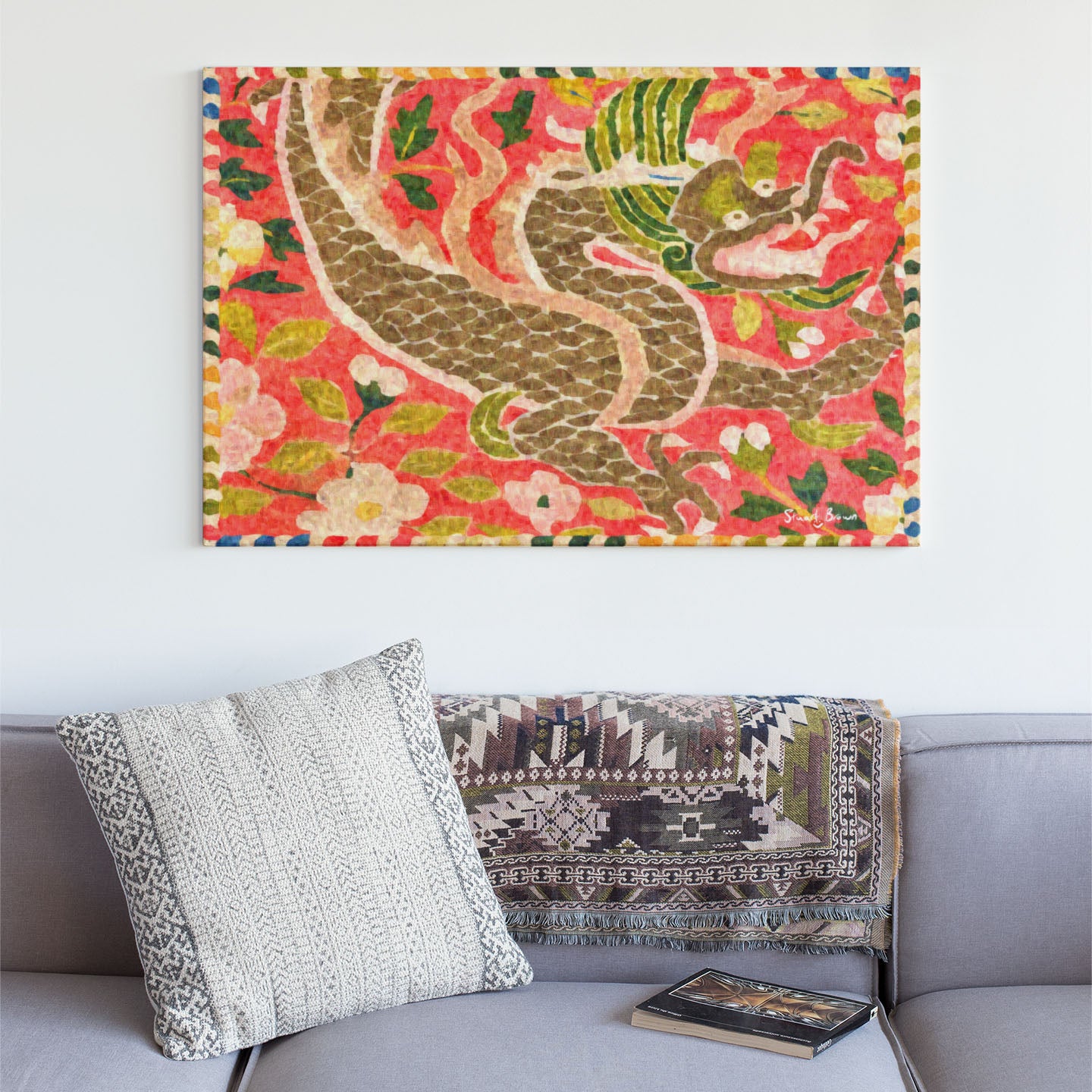 dragon in a sea of flowers wall art