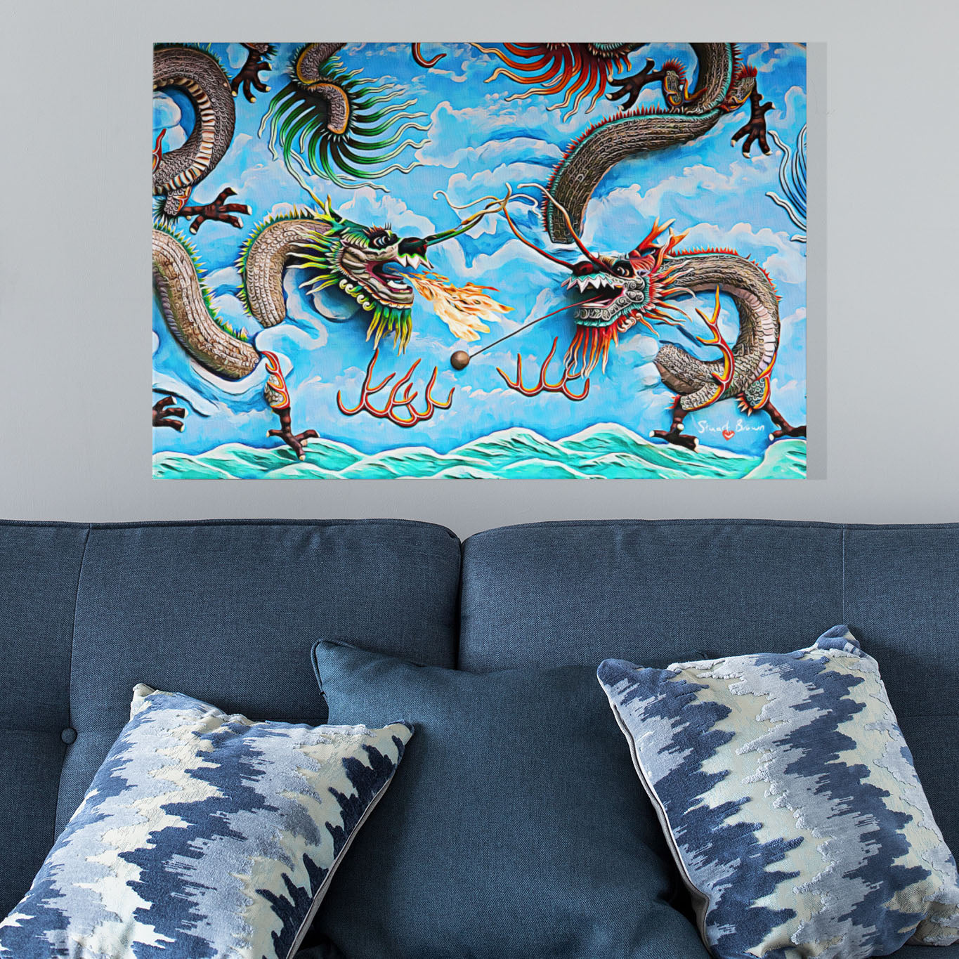 dragons in a blue sky art