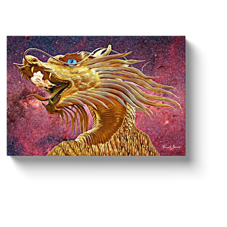 golden dragon art blue eyed golden dragon beneath a flaming red sky canvas print