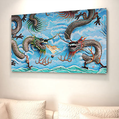 grey dragons in a blue sky canvas art
