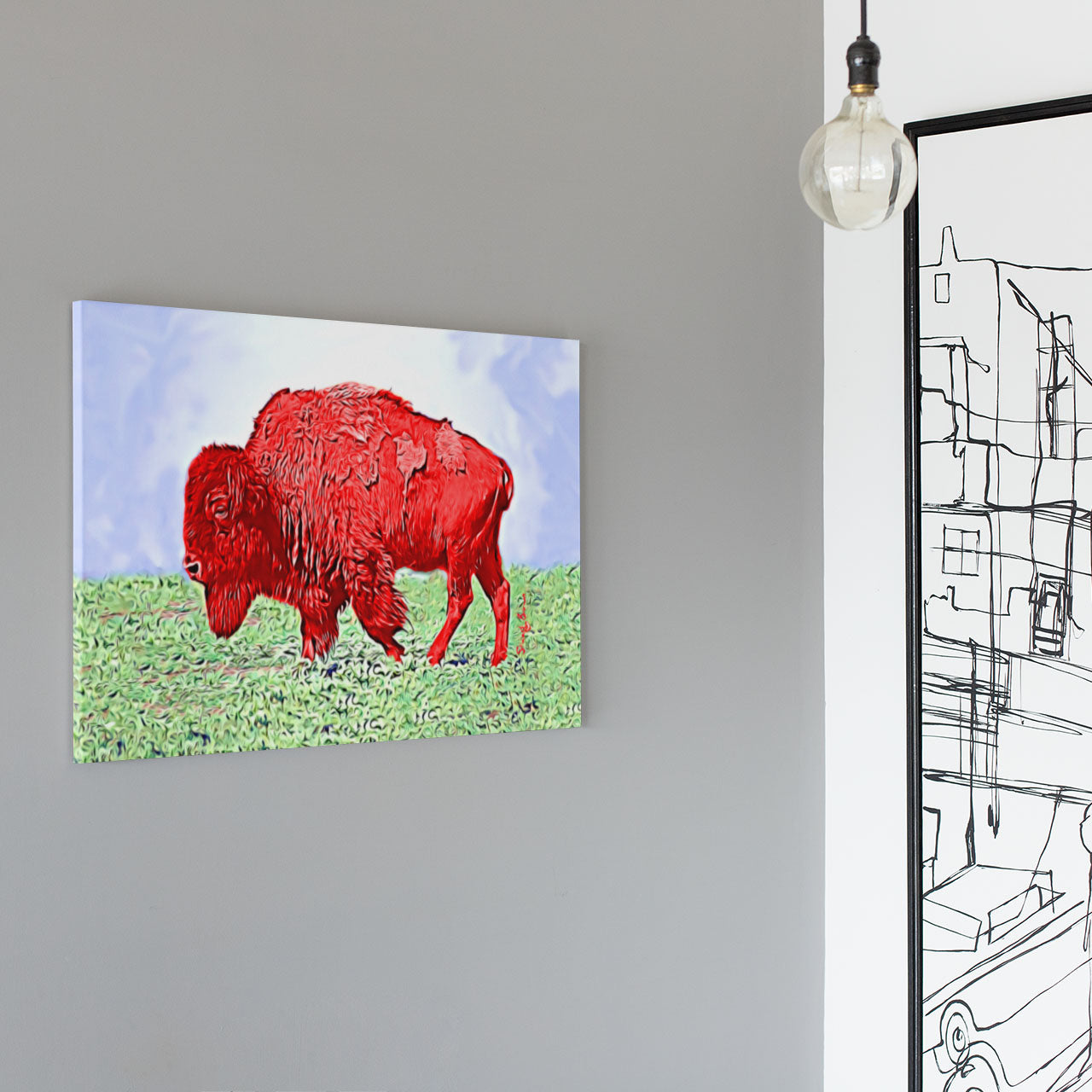 modern andy warhol style red bison art