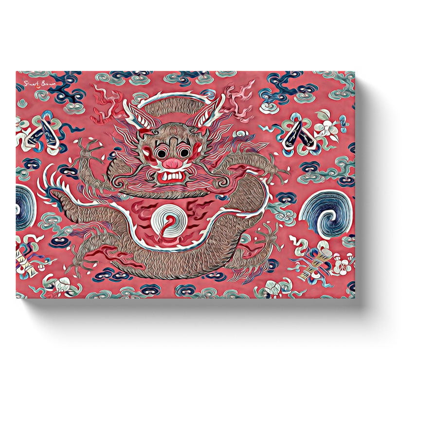 red chinese dragon in a pink sea of swirls canvas print