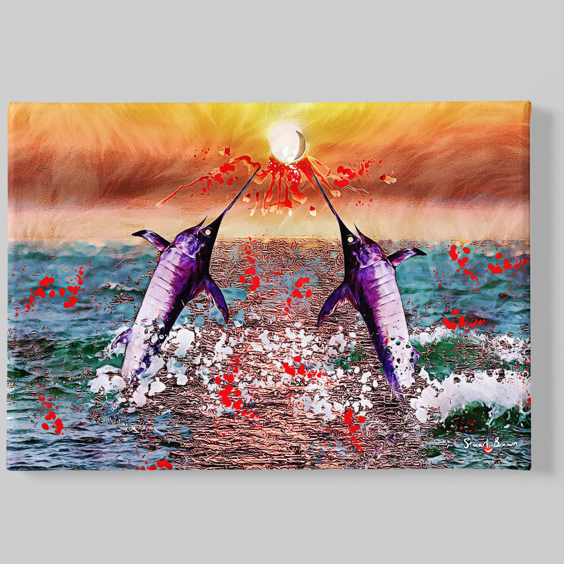 two swordfish rise to pierce the sun wall art print