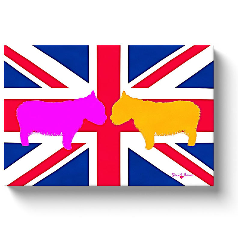 two pink and orange westies almost touching noses on a british flag