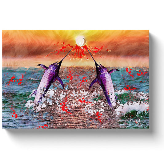 two swordfish rise to pierce the sun
