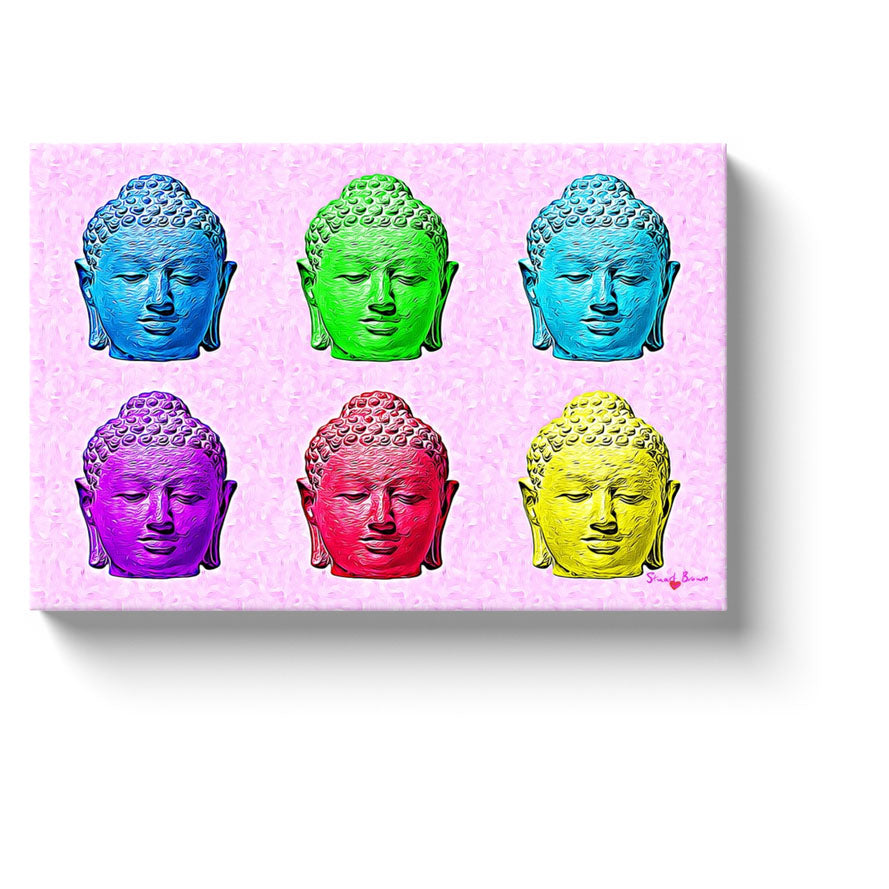 zen art six colored buddha heads on a pink background canvas